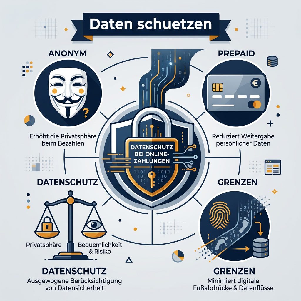 Online Casino mit Paysafe: Datenschutz im Blick 3 Infografik: Anonymität, Datensparsamkeit und Grenzen bei Prepaid