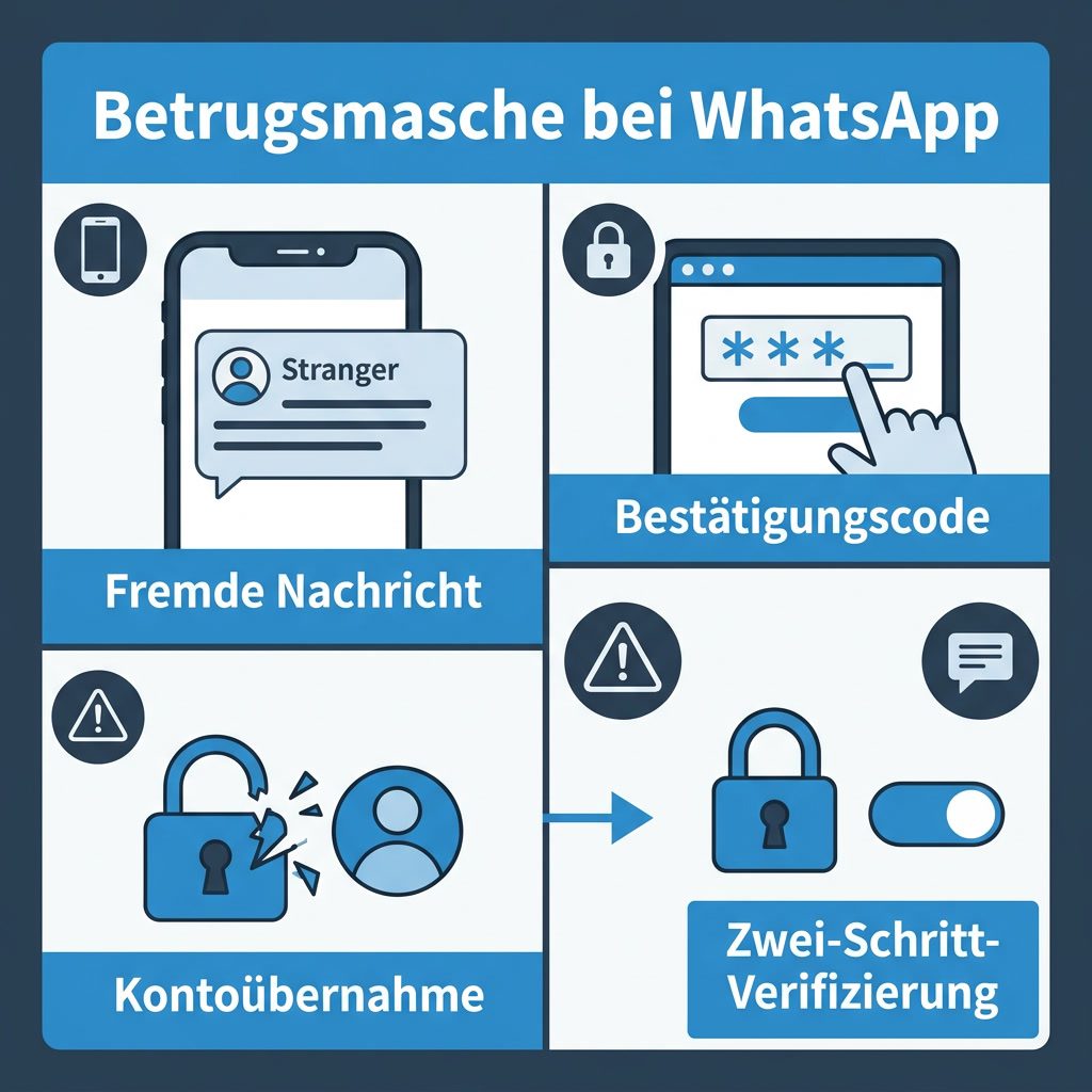 Infografik zur aktuellen Betrugsmasche bei WhatsApp mit Bestätigungscode, Kontoübernahme und Zwei-Schritt-Verifizierung