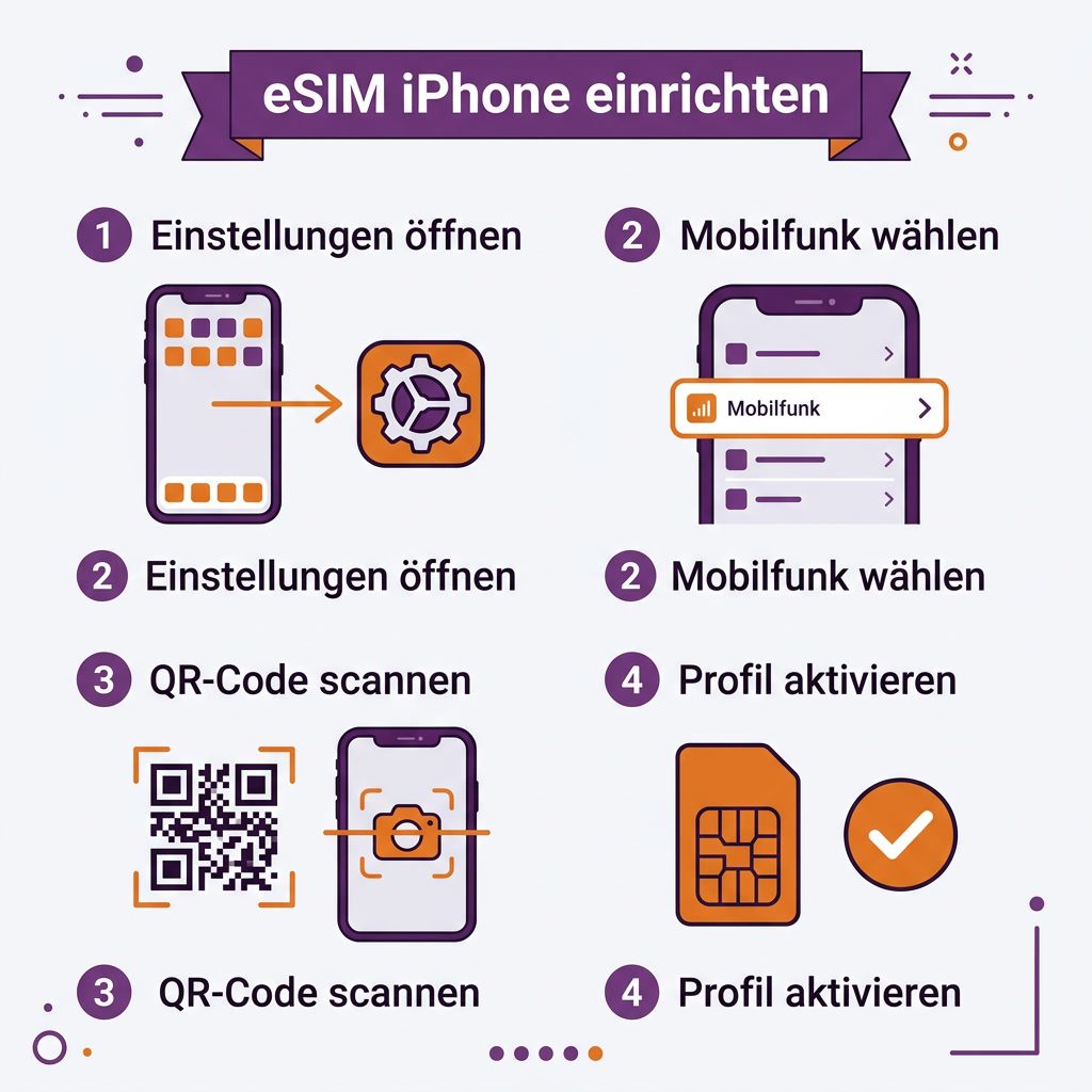 Infografik zur eSIM-Einrichtung am iPhone mit QR-Code scannen, Einstellungen öffnen und Profil aktivieren