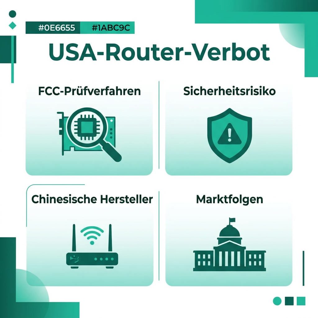 Infografik zum USA-Router-Verbot mit FCC-Prüfverfahren, Sicherheitsrisiko und Marktfolgen