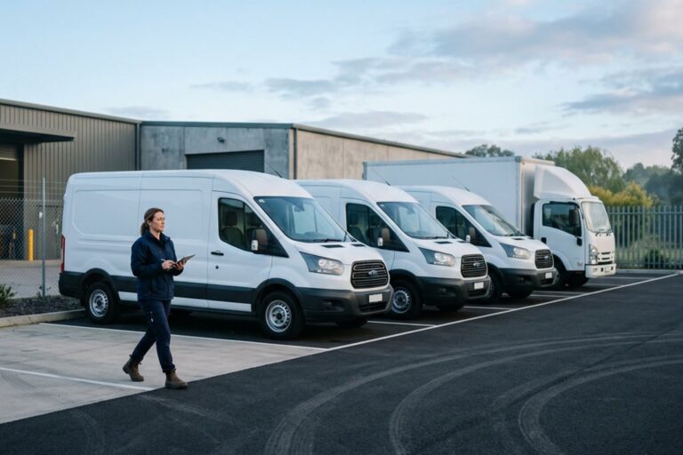 Firmenfuhrpark mit Transportern und Lkw auf dem Betriebshof, Fuhrparkverantwortliche mit Tablet